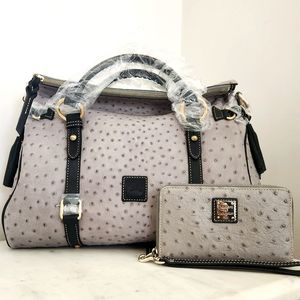 Rare Dooney and Bourke Grey and Black Ostrich Embossed Leather Satchel & Wallet